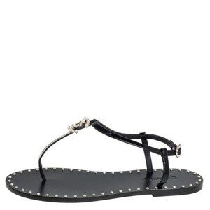 CHANEL Black Patent Leather CC Pearl Embellished Logo Flat Thong Sandals